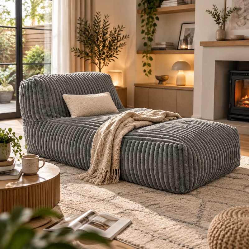 Modular Bean Bag Sofa with Ottoman and Removable Machine-Washable Cover, Couch with High-Density Foam, Light Gray