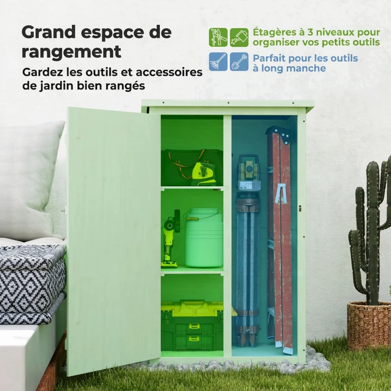 Outsunny Armoire de Jardin Bois de Sapin Pré-huilé Toit bitumé Incliné, Porte Verrouillable Loquet, 2 Étagères, 75x56x115cm, Vert