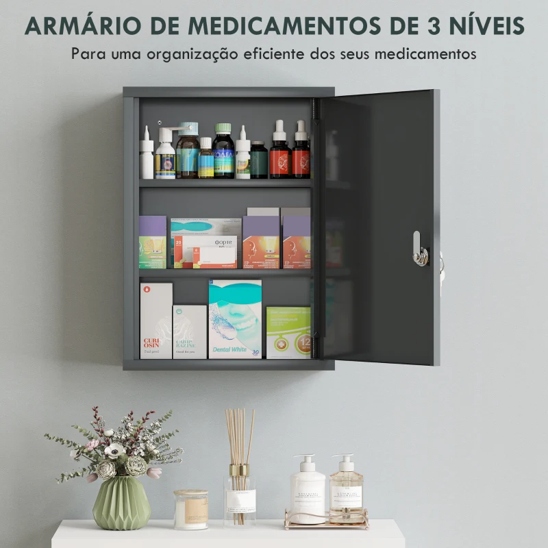 kleankin Armário de Medicamentos de Parede em Aço com 3 Prateleiras e 2 Chaves para Casa de Banho 40x15x53,5 cm Cinzento Fumado