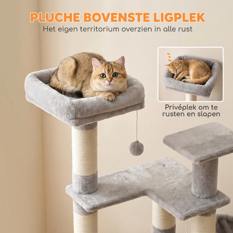 PawHut Grote krabpaal, 152 cm hoog, kattenboom met krabpalen, kattenhol met 2 ingangen, 3 balletjes en hangmat, 6 kg, lichtgrijs