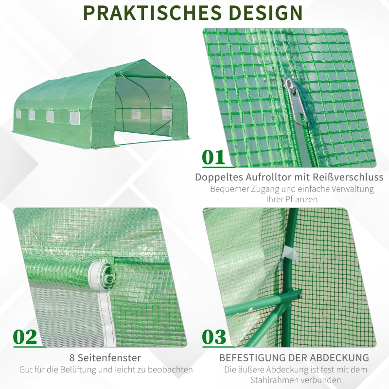 Outsunny Gewächshaus ca. 6 x 3 x 2 m Foliengewächshaus mit Rollbar Reißverschlusstür 8 Netzfenster Stützstangen