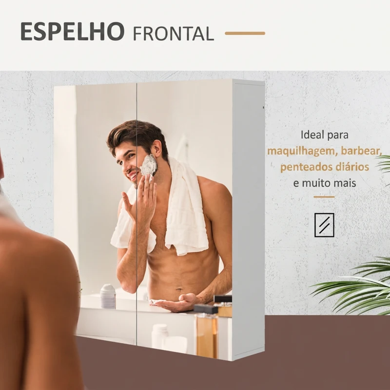 kleankin Armário de Casa de Banho com Espelho de Parede com 2 Portas e Prateleira Ajustável Fecho Suave 60x15x70 cm Branco