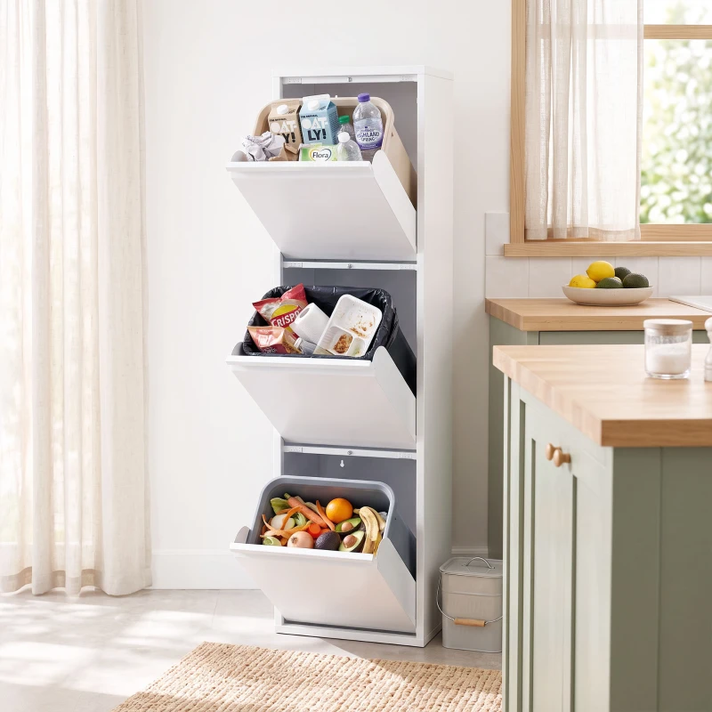 HOMCOM Meuble Poubelle de Tri Sélectif, Poubelle de Recyclage 45 L (3 x 15 L), 3 Compartiments, Portes à Fermeture Douce, Blanc