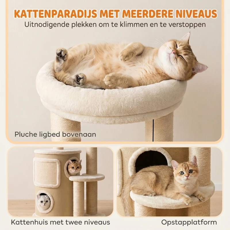 PawHut Krabpaal met 2-laags kattenhol, sisal krabpalen, platform, sisalbord en speelbal, voor katten tot 5 kg