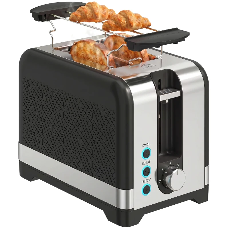 HOMCOM 2-Scheiben-Toaster mit 7 Bräunungsstufen, Aufwärm-/Auftau-/Abbruchfunktionen, Wärmerost, 930 W