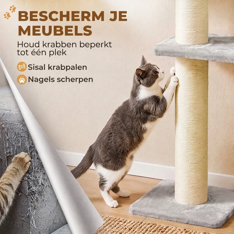 PawHut Kattenklimwand, 3-delige kattenwandset met krabpaal, platforms en hangmat