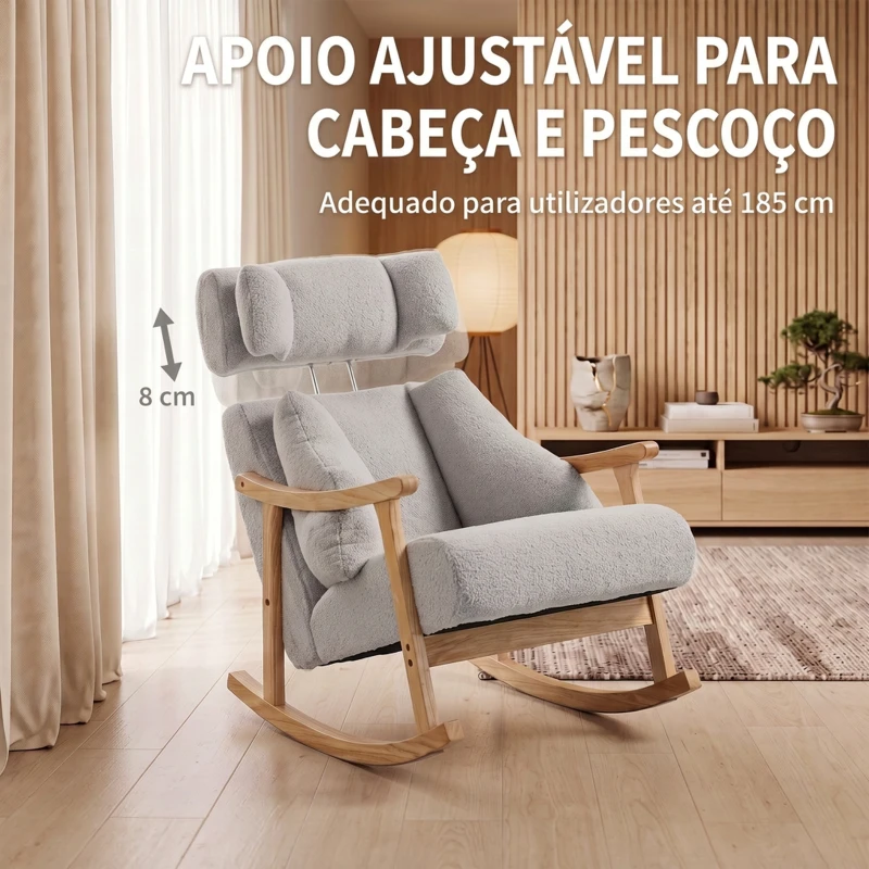 HOMCOM Cadeirão de Baloiço em Tecido Teddy com Apoio de Cabeça Ajustável e Base de Madeira Cinza Claro