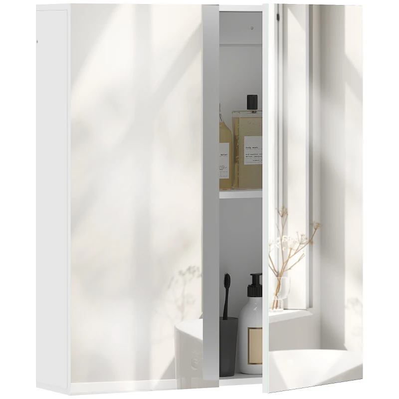 kleankin Armário de Casa de Banho com Espelho de Parede com 2 Portas e Prateleira Ajustável Fecho Suave 60x15x70 cm Branco