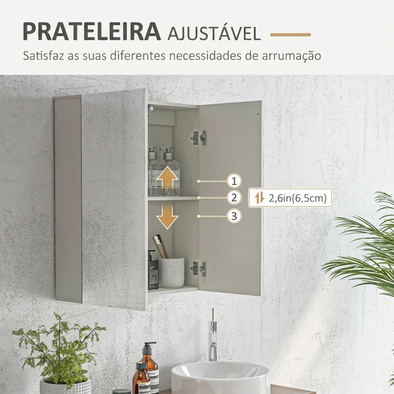 kleankin Armário de Casa de Banho com Espelho de Parede com 2 Portas e Prateleira Ajustável Fecho Suave 60x15x70 cm Branco