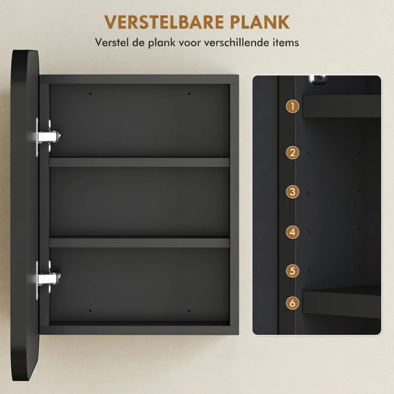 HOMCOM Spiegelkast badkamer, badkamerspiegelkast met spiegel, verstelbare plank, 40,2 x 10,2 x 50,9 cm, Zwart