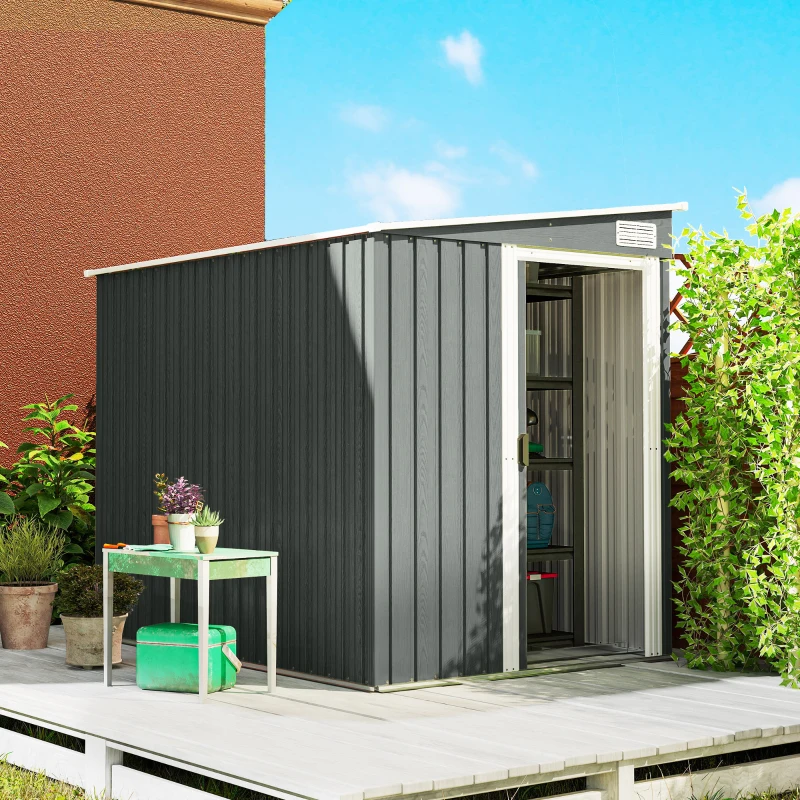 Outsunny Abri de Jardin 2,81 m² avec Fondation, Abri à Outils Extérieur Adossé en Acier Galvanisé, 154x206,5x181cm, Gris Clair