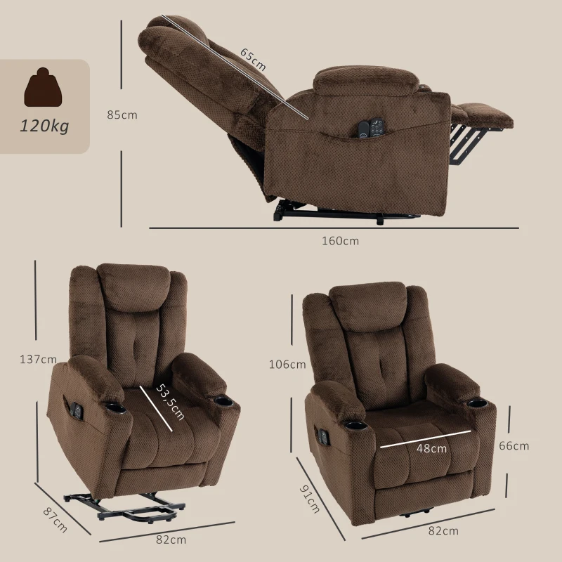 HOMCOM Sillón Relax Reclinable Eléctrico Levanta Personas Mayores con Masaje Calor Portavasos Mando Bolsillos Marrón Oscuro