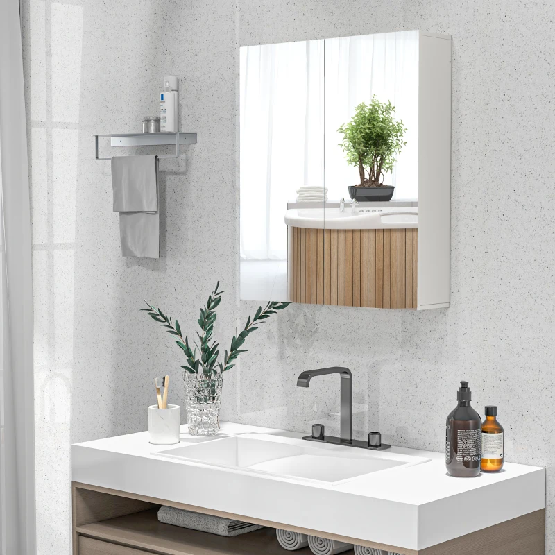 kleankin Armário de Casa de Banho com Espelho de Parede com 2 Portas e Prateleira Ajustável Fecho Suave 60x15x70 cm Branco