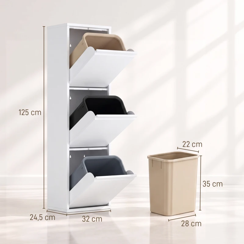 HOMCOM Caixote do Lixo de Cozinha 45 L com 3 Compartimentos, Design Estreito, Fecho Suave, Baldes Removíveis, Branco