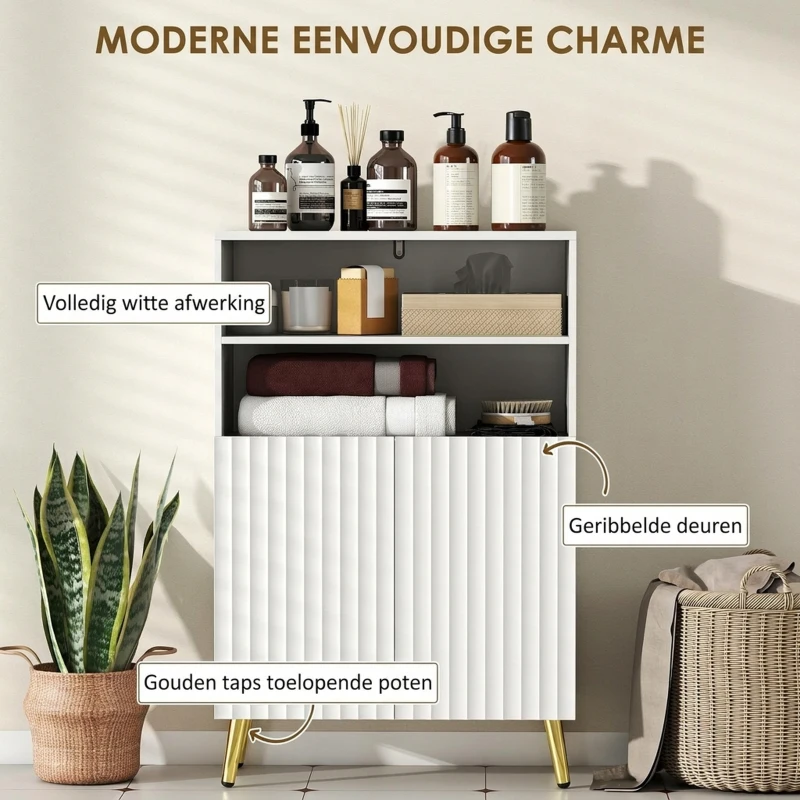 HOMCOM Badkamerkast, commode voor woonruimtes, soft-close deuren, 2 open planken, MDF, Wit