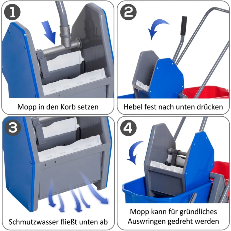 HOMCOM Putzwagen Reinigungswagen Wischwagen mit 2 Eimern Systemwagen mit 4 leichtgängigen Rollen Metall+PP Blau+Rot 73 × 45 × 92 cm
