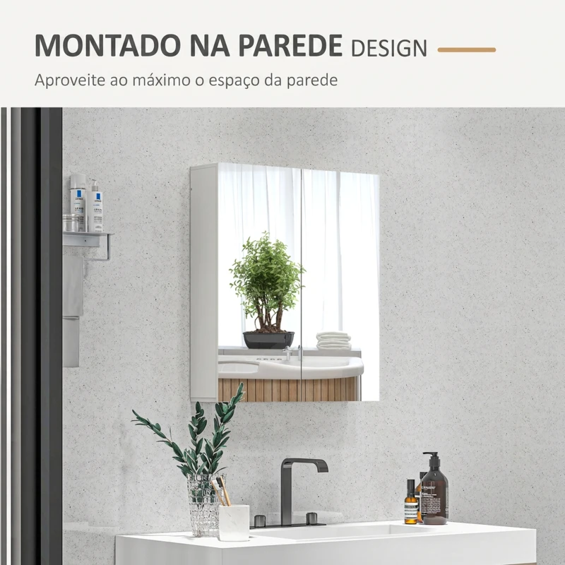 kleankin Armário de Casa de Banho com Espelho de Parede com 2 Portas e Prateleira Ajustável Fecho Suave 60x15x70 cm Branco