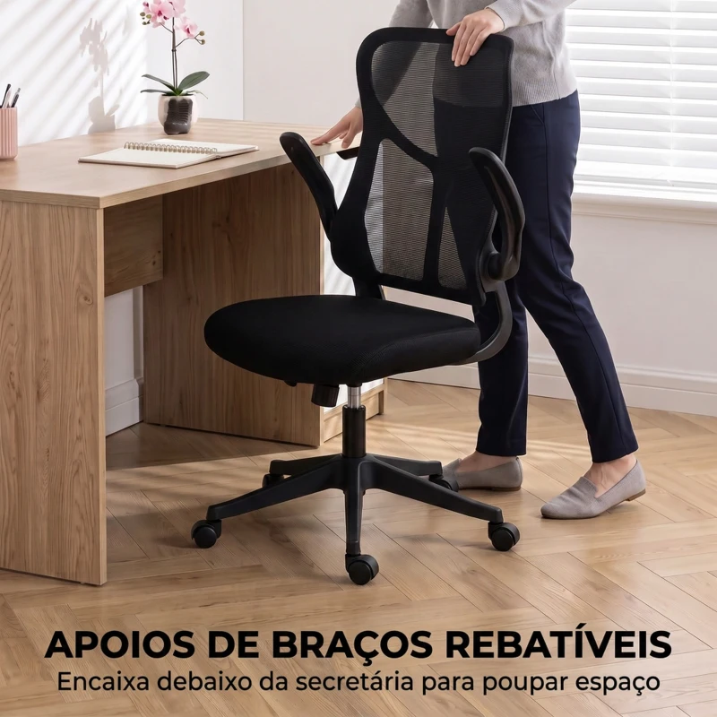 HOMCOM Cadeira de Escritório Ergonómica em Rede, Giratória, com Encosto Alto, Apoios de Braços Rebatíveis e Função Basculante - Preta