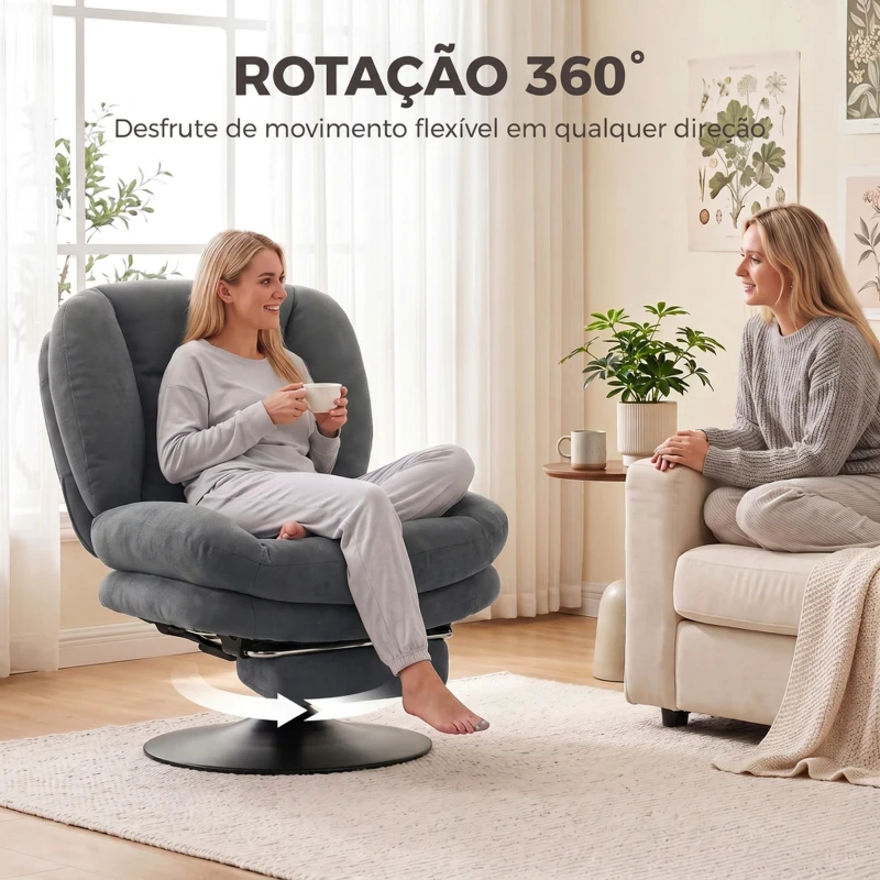 HOMCOM Cadeirão Giratório 360° em Tecido Efeito Linho com Apoio para os Pés Ajustável em Altura e Encosto em Leque para Sala de Estar Cinza Escuro