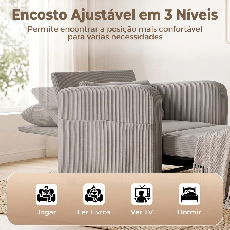 HOMCOM Poltrona-cama Dobrável 3 em 1 com Aspeto de linho e encosto ajustável Cinza