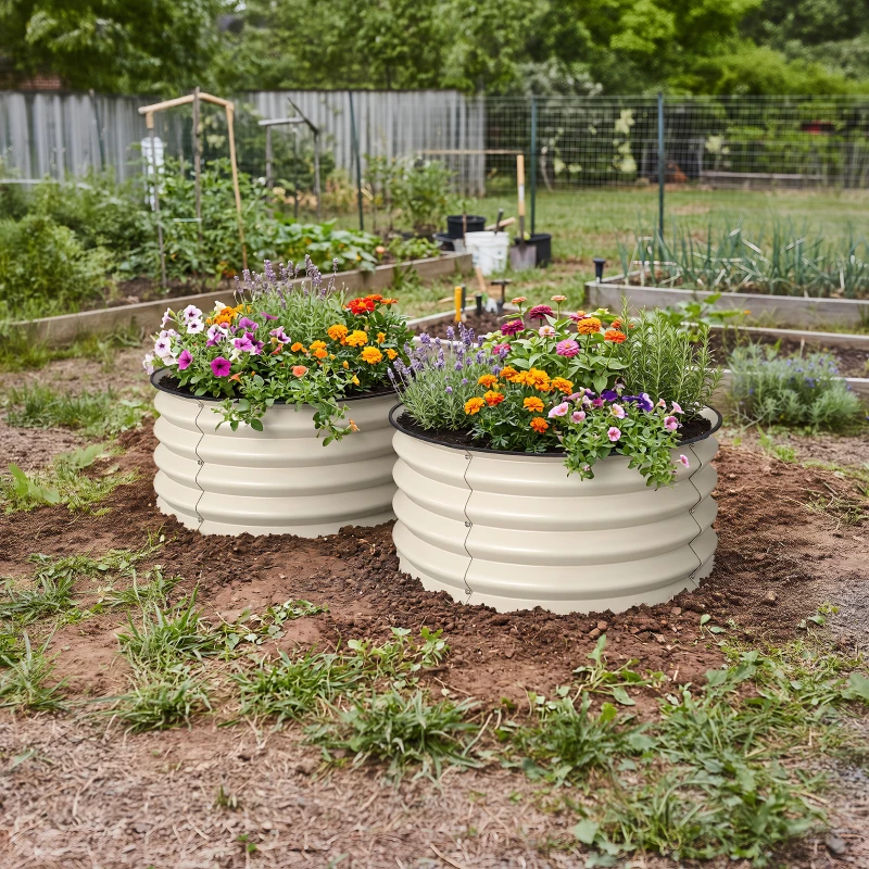 Outsunny Set of 2 Raised Garden Bed, Metal Planter Box with Safety Edging, Easy-to-assemble Stock Tank, Cream White