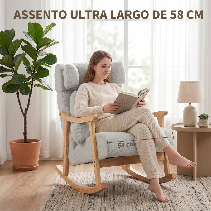 HOMCOM Cadeirão de Baloiço em Tecido Teddy com Apoio de Cabeça Ajustável e Base de Madeira Cinza Claro