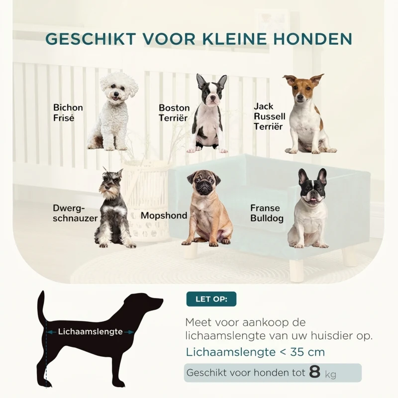 PawHut Hondensofa van fluweel met rugleuning, houten poten en kussen, tot 8 kg, 64 x 45 x 36 cm, blauw