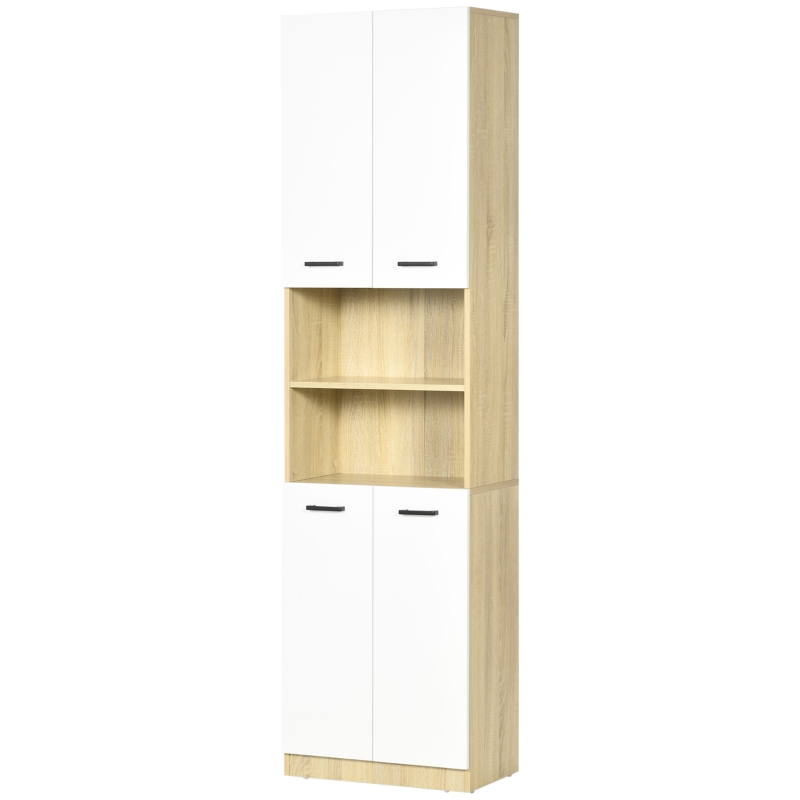 kleankin Armario Alto de Baño con 4 Puertas 2 Estantes Abiertos y Estantes Ajustables 53x33,5x195,7 cm Blanco y Roble