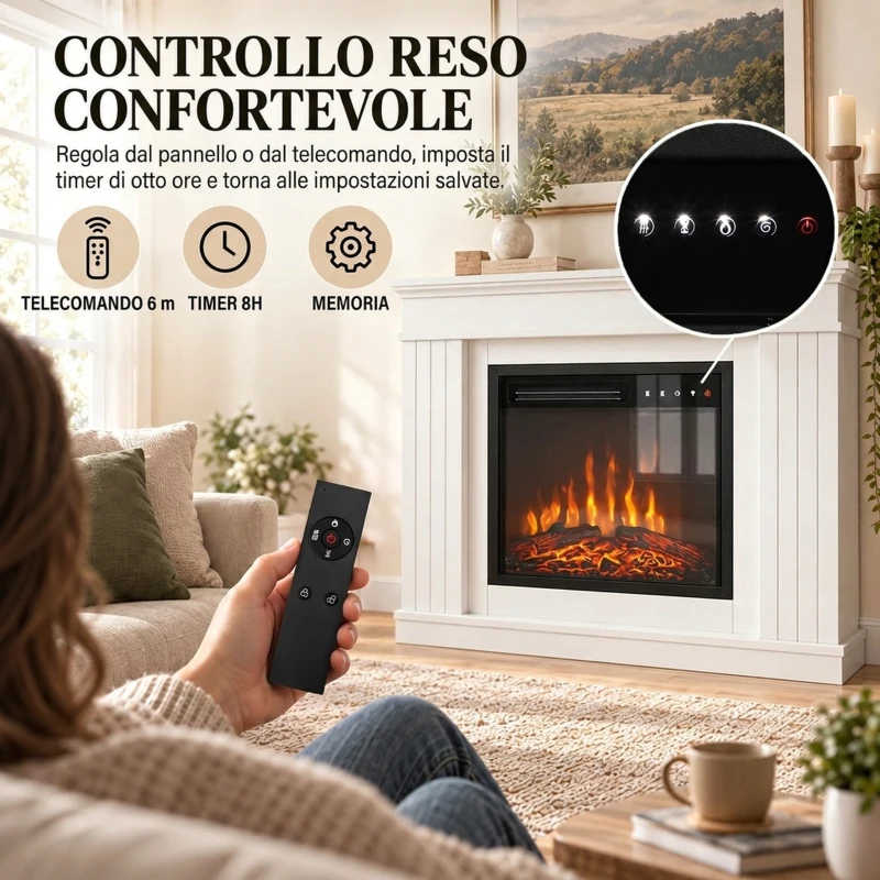 HOMCOM Camino Elettrico da Terra e Incasso con Cornice, 1800W, Effetto Fiamma 3D e Funzione Memory, Bianco