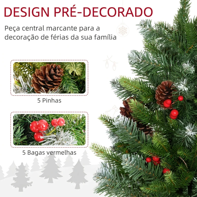 HOMCOM Árvore de Natal de Mesa 60 cm com 20 Luzes LED 141 Ramos 5 Pinhas 5 Cachos de Bagas Vermelhas e Suporte de Metal Verde