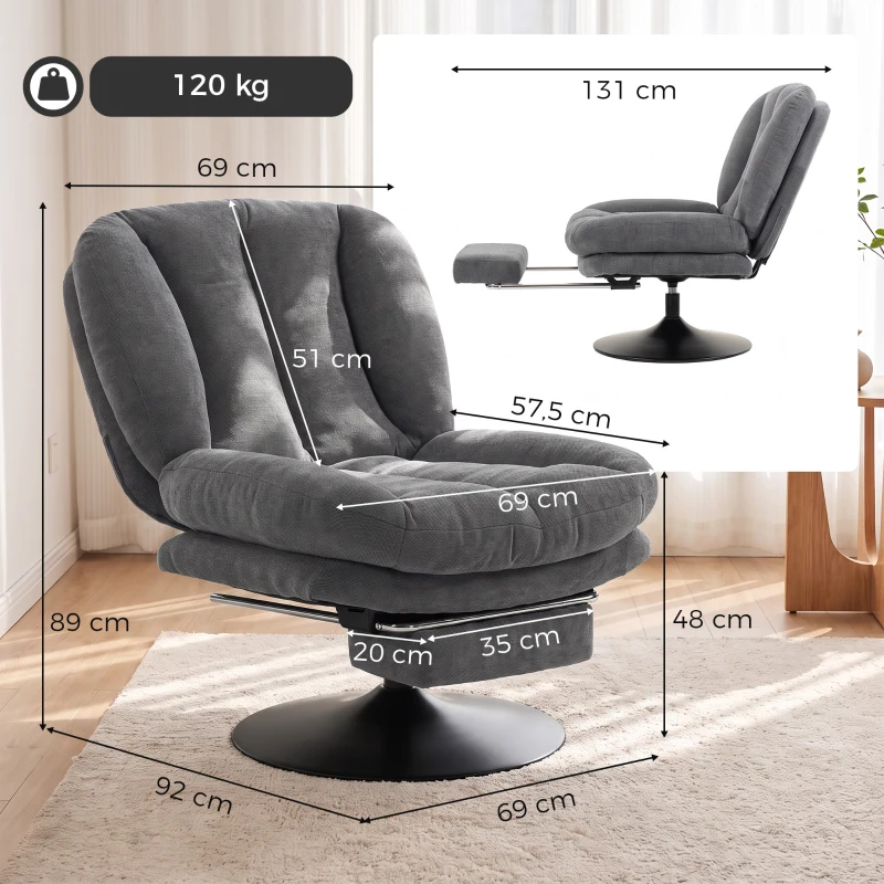 HOMCOM Cadeirão Giratório 360° em Tecido Efeito Linho com Apoio para os Pés Ajustável em Altura e Encosto em Leque para Sala de Estar Cinza Escuro