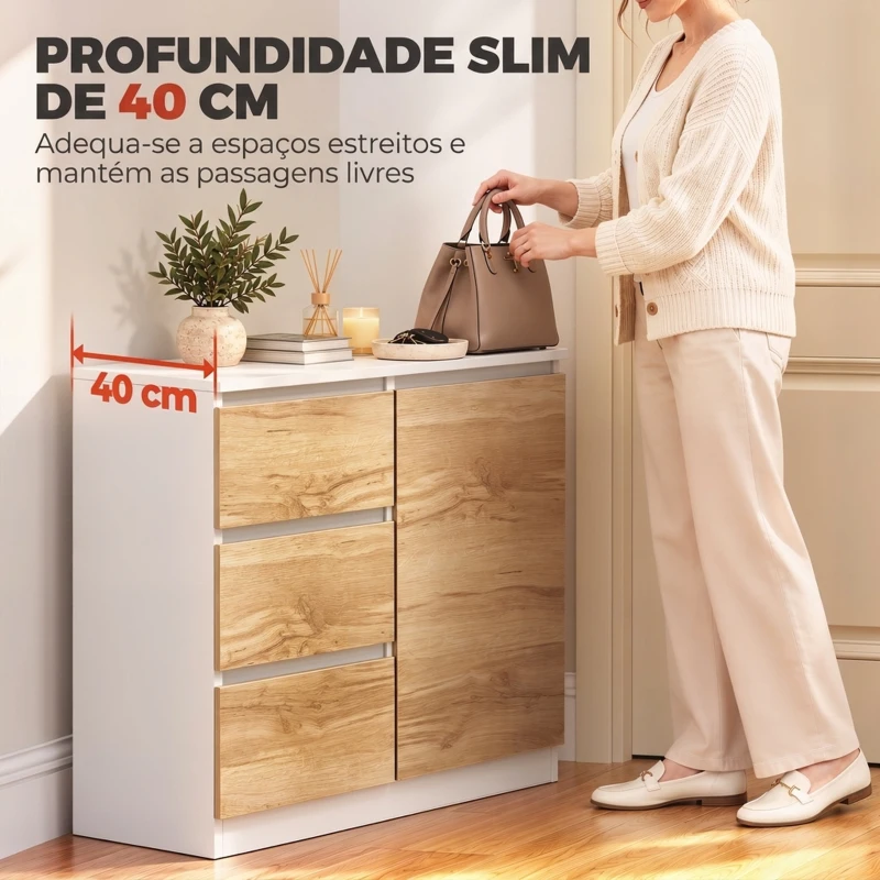 HOMCOM Aparador Pequeno com Porta e 3 Gavetas 80x40x75 cm para Entrada e Sala de Jantar Branco e Natural