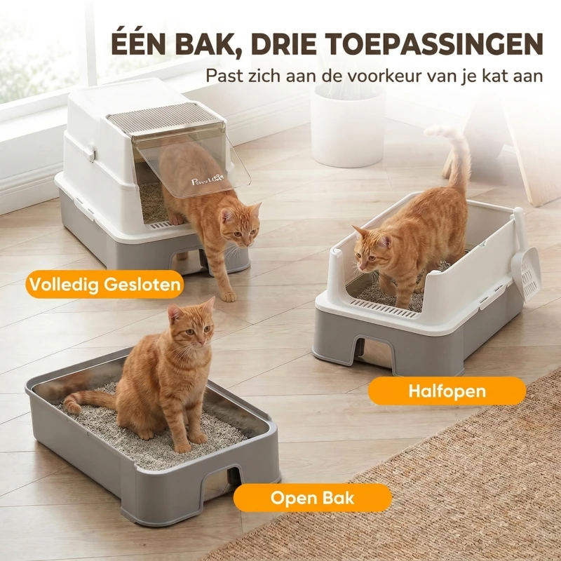PawHut RVS kattenbak met deksel, XL kattenbak met schep, uitschuifbare lade, hoge randen, eenvoudig te reinigen, grijs