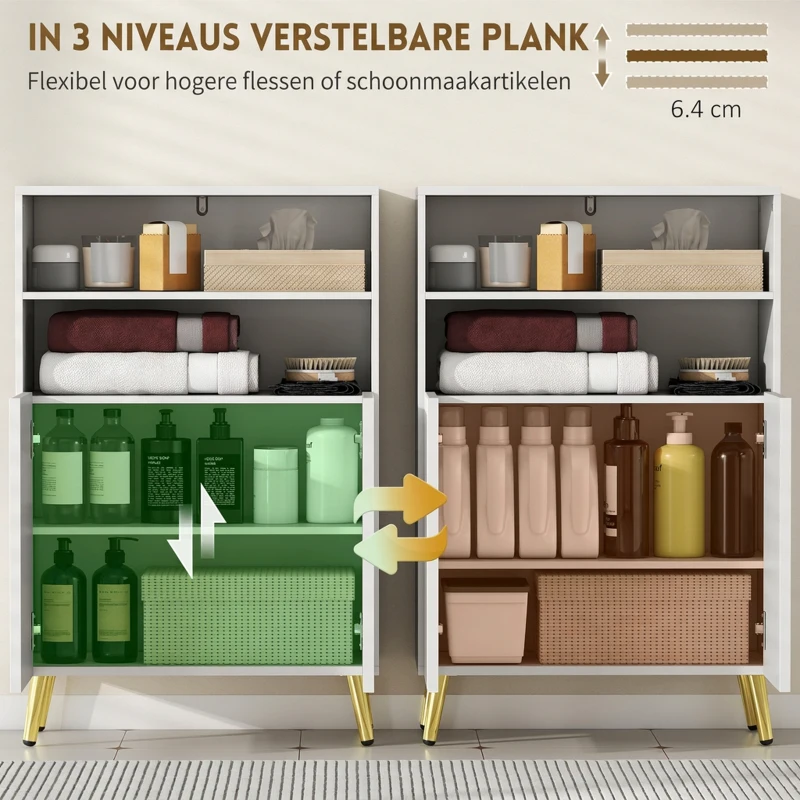 HOMCOM Badkamerkast, commode voor woonruimtes, soft-close deuren, 2 open planken, MDF, Wit