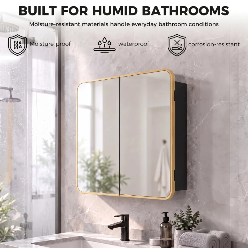 HOMCOM Bathroom Medicine Mirror Cabinet, Bathroom Wall Cabinet with Storage, Magnetic Doors and Adjustable Shelf, Natural