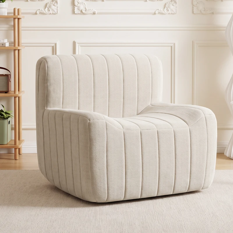HOMCOM Poltrona Individual em Chenille com Design Comprimido Cadeirão para Sala com Encosto Firme e Espuma Bege