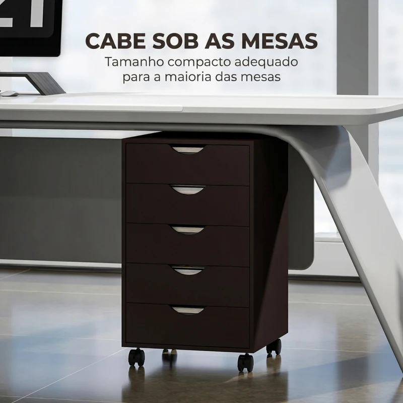 HOMCOM Gaveteiro de Escritório com Rodas e 5 Gavetas Arquivo Móvel para Sala de Estudo 40x40x67 cm Castanho