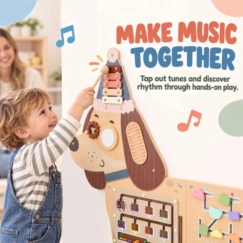 AIYAPLAY Montessori Inspired Busy Board, Wooden Dachshund Sensory Wall Panel for kids Touch, Feel & Learn, Classroom, Playroom
