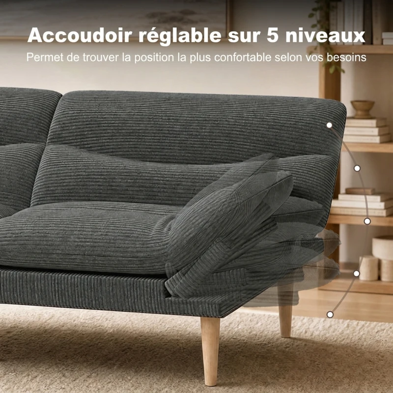 HOMCOM Canapé Convertible 2 Places 3 en 1, Canapé-Lit Clic Clac en Velours Côtelé 193 cm, Dossier et Accoudoirs Réglables, Gris