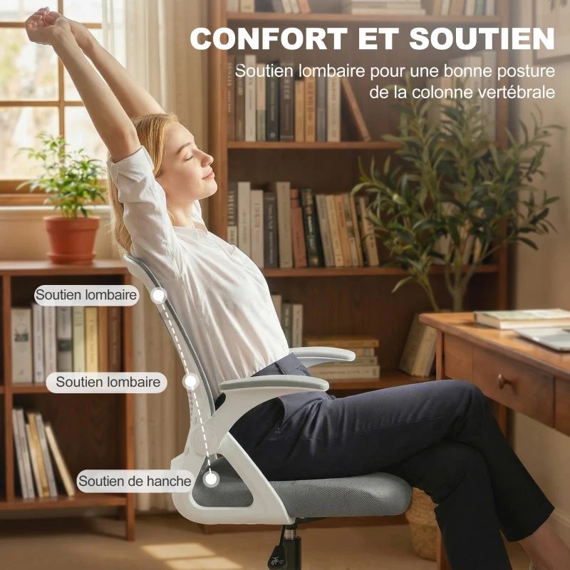 HOMCOM Chaise de bureau en maille, chaise d'ordinateur avec accoudoirs rabattables, hauteur réglable, repose-pieds, gris