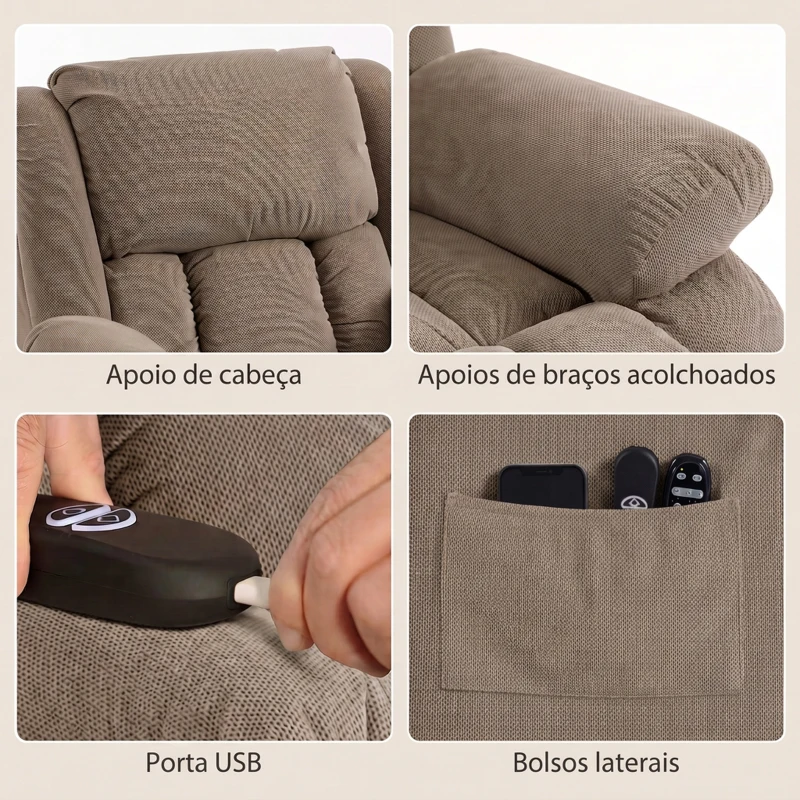HOMCOM Cadeirão Elevatório Elétrico com Massagem por Vibração e Calor, Extra Acolchoado, para Idosos, Castanho Claro