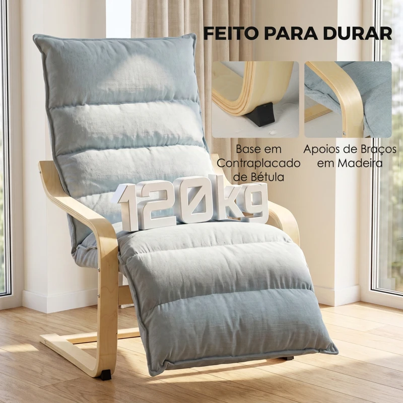 HOMCOM Poltrona de Sala em Veludo com Repousa-pés Ajustável e Estrutura de Madeira 67x93x105 cm Azul Claro