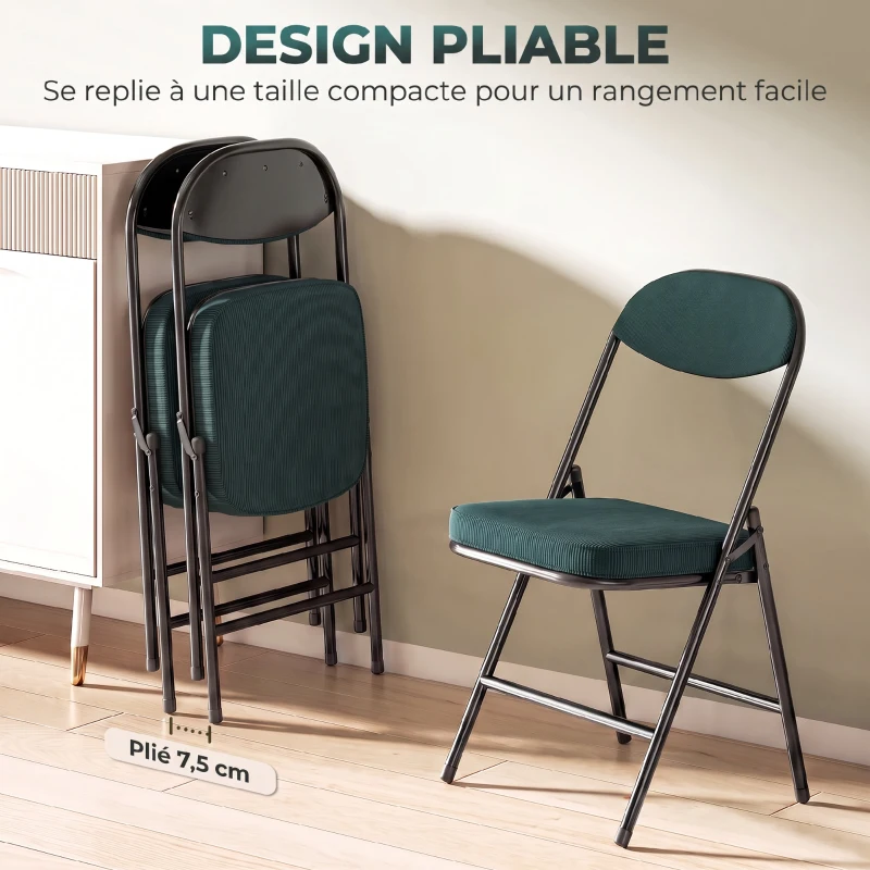 HOMCOM Lot de 2 chaises pliantes chaises de salle à manger portables avec assises et dossiers rembourrés en velours côtelé bleu