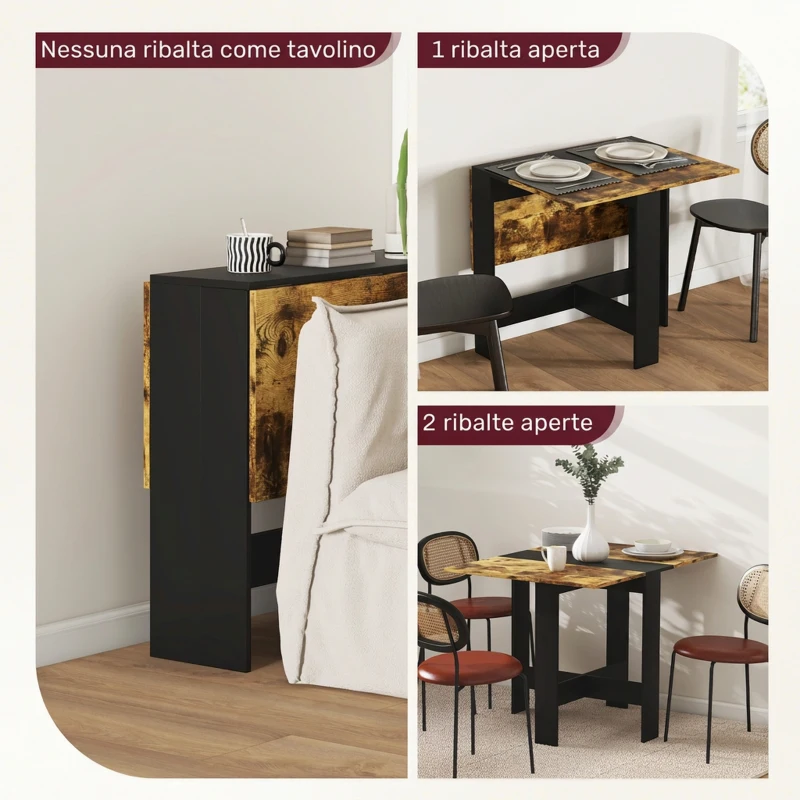 HOMCOM Tavolo da Pranzo Pieghevole per 2-4 Persone, 103x76x73.5cm Tavolo Cucina a Ribalta, Salvaspazio Marrone Rustico