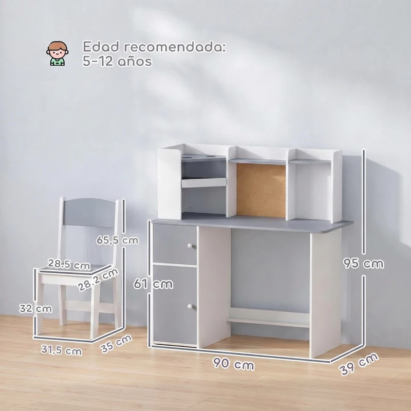 AIYAPLAY Escritorio Infantil con Silla Soporte Ajustable para Tablet Portalápices Tablero de Corcho Estantes Armarios Gris