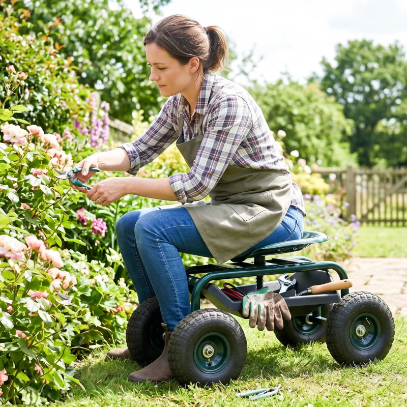 Outsunny Carrello da Giardino con Sedile Regolabile e Vassoio Inferiore, in Acciaio, e PP, 83x36.5x45-60 cm, Verde Scuro