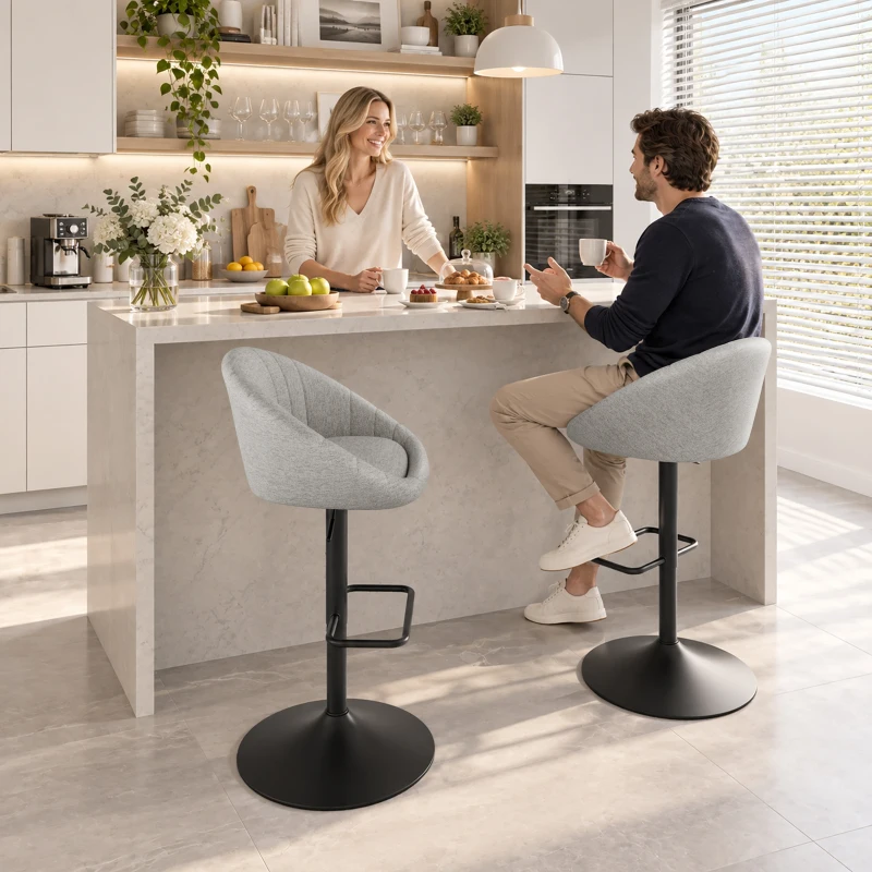 HOMCOM Set 2 Taburetes de Bar con Altura Regulable, Asiento Giratorio en Tejido y Reposapiés, Gris