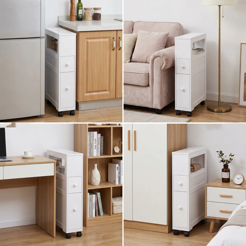 HOMCOM Rolling Bathroom Storage Cabinet Slim Side Holder Organizer with Drawers-White