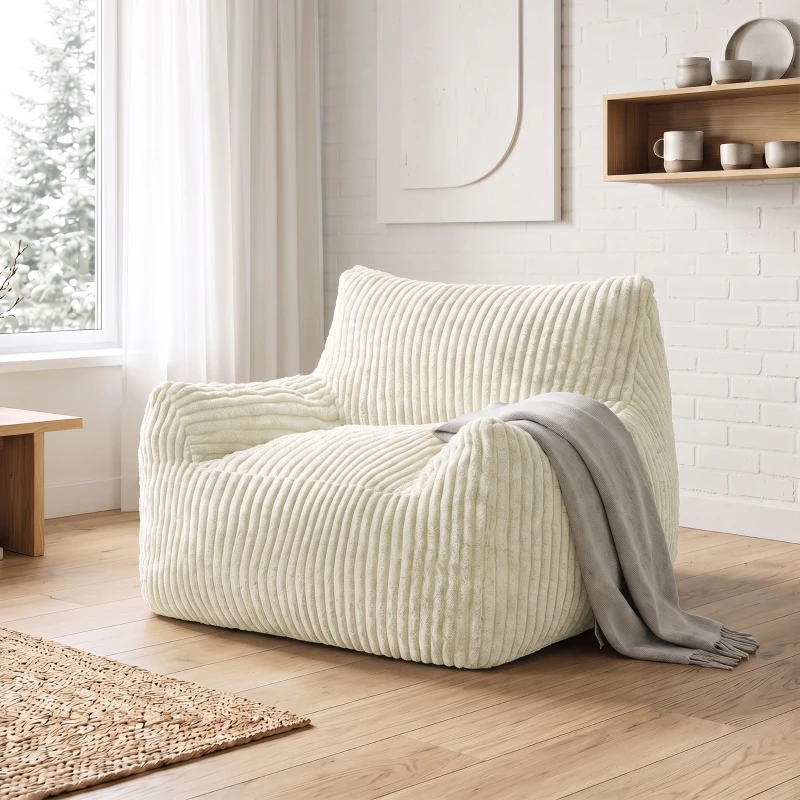HOMCOM Sillón de Suelo de Pana con Respaldo Reposabrazos Acolchado Grueso Sin Estructura Sin Montaje Blanco Crema
