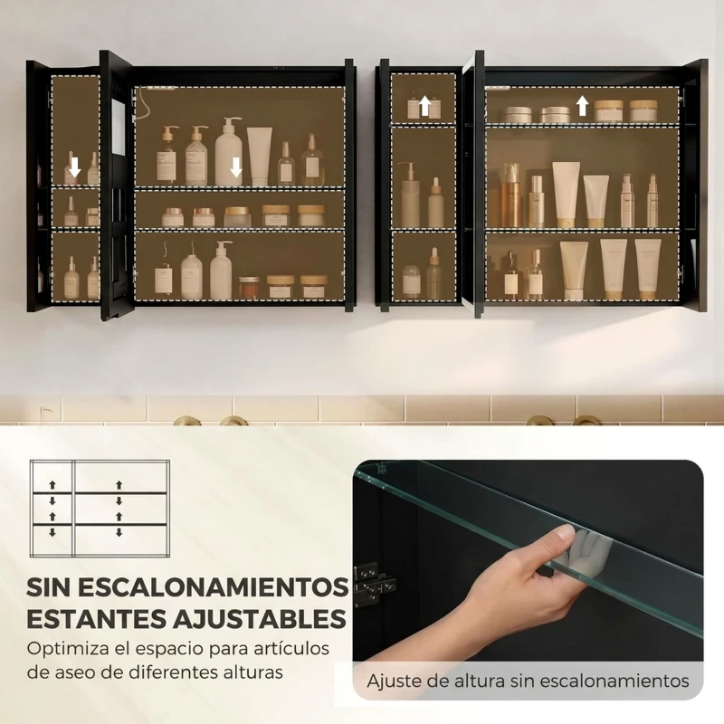 HOMCOM Armario de Baño con Espejo de LED Toma de Corriente 3 Puertas Antivaho Estantes Ajustables de Vidrio Templado Negro